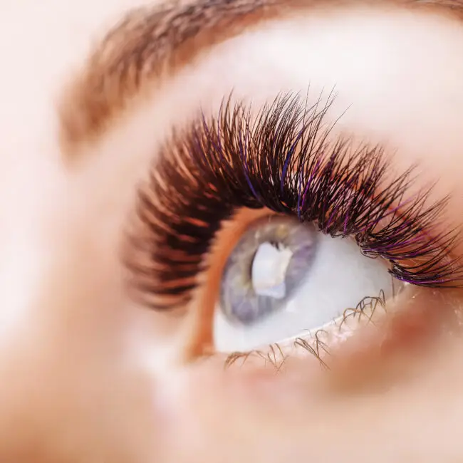 Close-up of long, voluminous eyelash extensions with a natural finish at Sangkent Beauty House in Damansara Uptown.